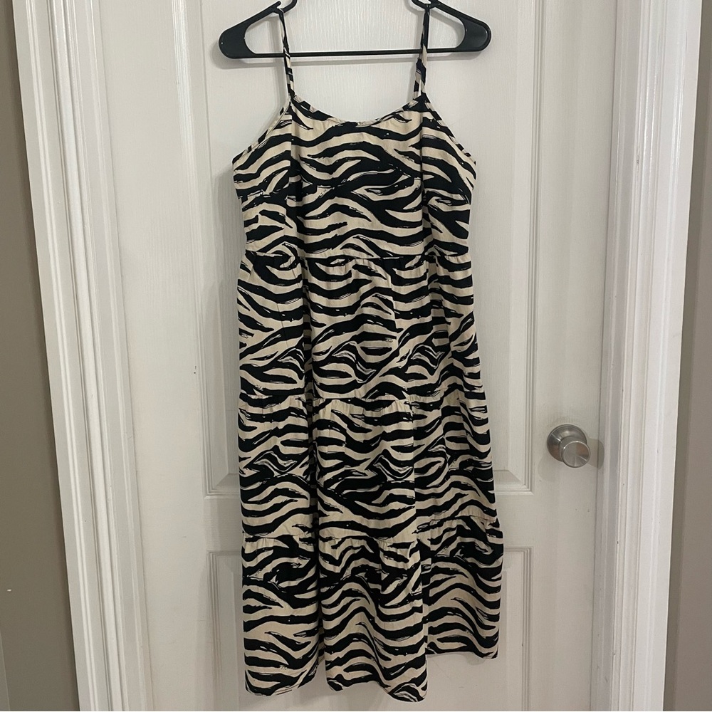 gef France Zebra Print Midi Dress Adjustable Straps Tiered Bottom Size L